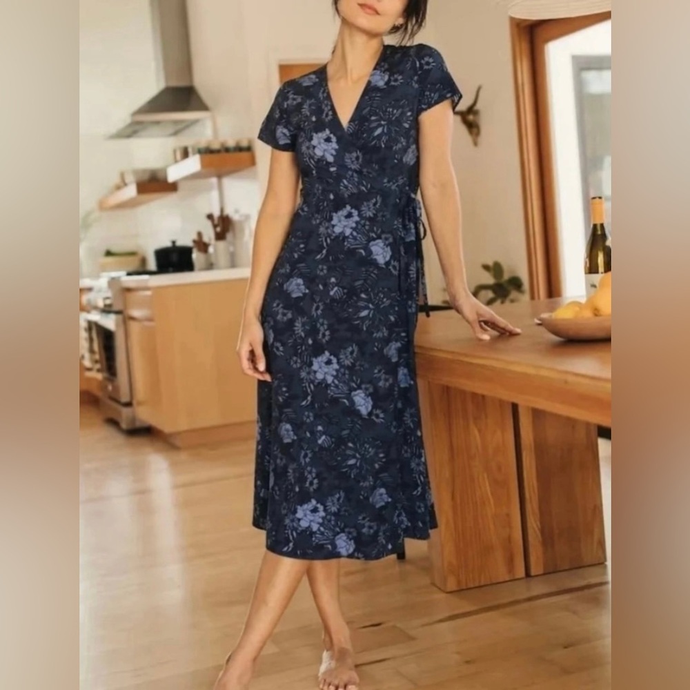 Marine Layer Emlyn Blue Floral Wrap Midi Dress